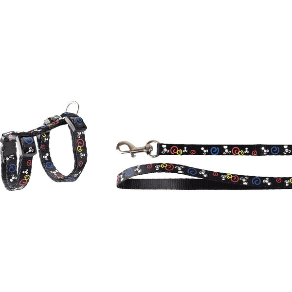 Harnais pour chatons + laisse topo motif souris noir 20-35cm 10mm