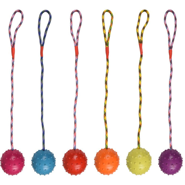 Jouet pour chien : balle en caoutchouc avec clochette et corde assortie, 8cm. Parfait pour des heures de jeu interactif.