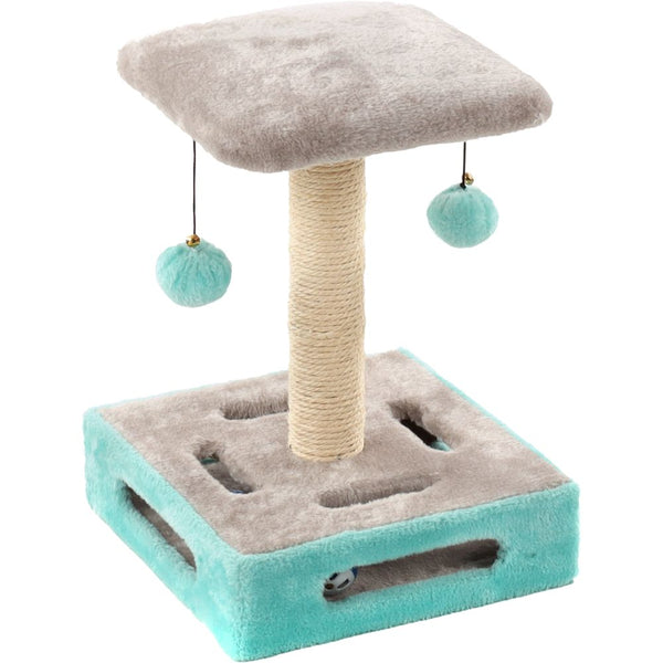 Arbre à chat CYA 1 Turquoise/Gris, 28x28x39cm : Un espace de jeu et de repos compact et coloré pour votre félin, idéal pour les petits espaces.