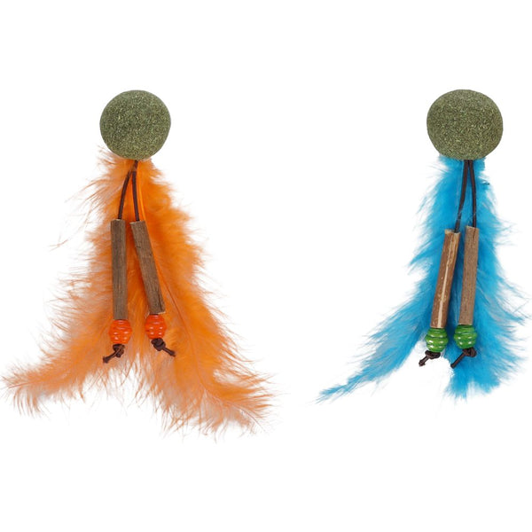 Jchat boleo + herbe aux chats + plumes orange/bleu 14cm assortiment